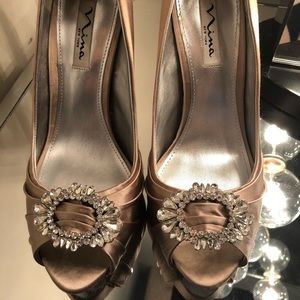 Nina champagne satin rhinestone heels